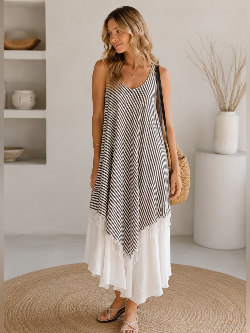 Striped Grey & White Fringe Layered Tiered Dress Flowy Dress Coastal Grandma
